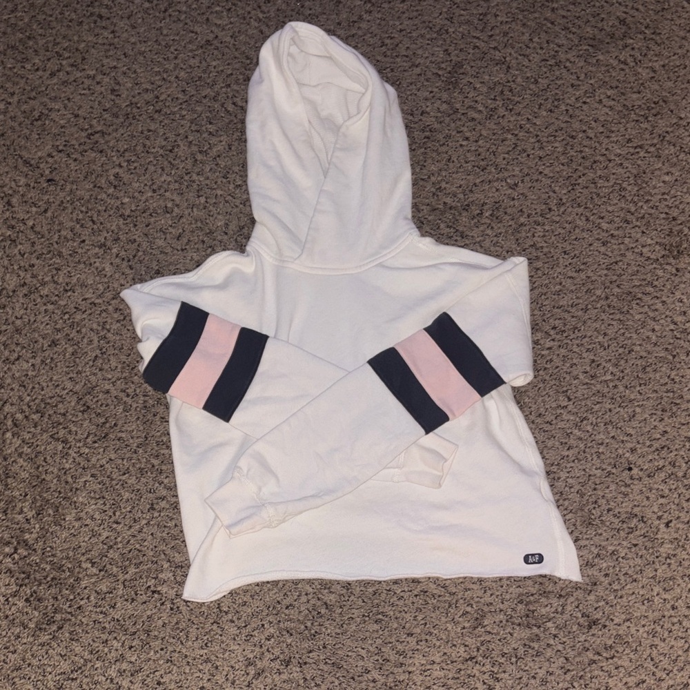 Abercrombie & Fitch Cropped White Hoodie with Pink and Black Stripes Size Small